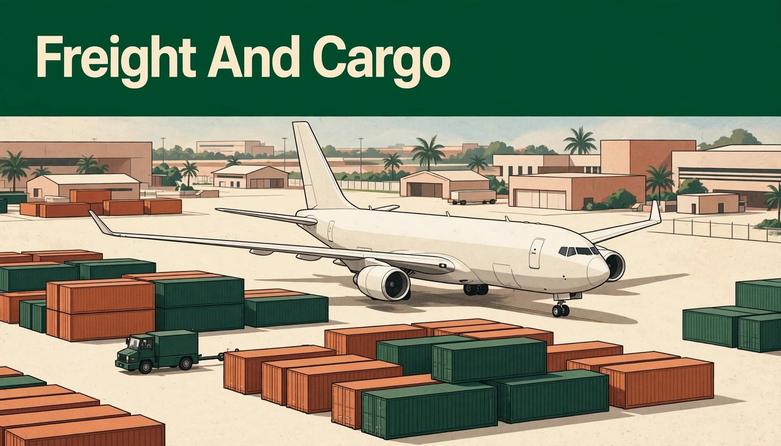 A cargo plane and freight containers beside a ground vehicle at an airport.