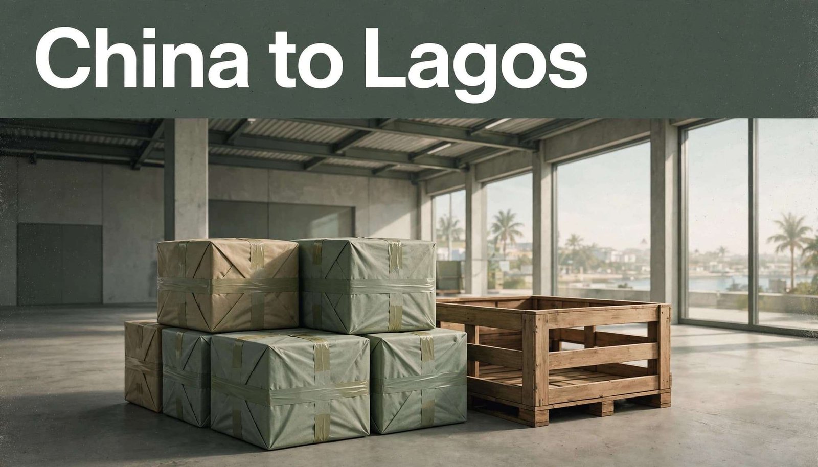 Wrapped cartons and an open crate beneath a dark-green China to Lagos headline.
