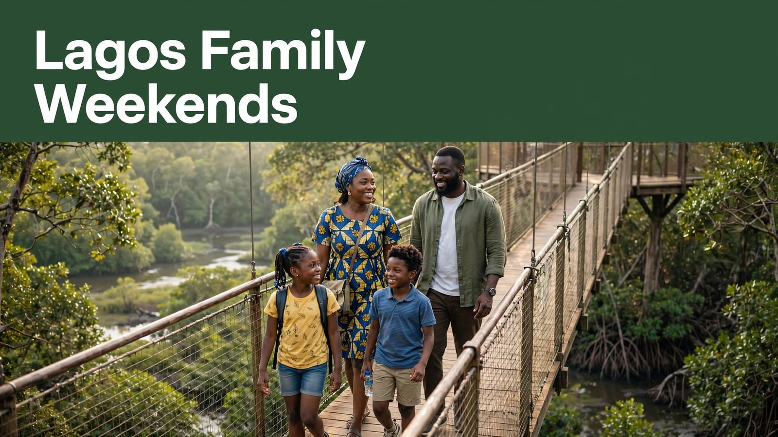 A family walks above the mangroves on a canopy walkway in Lagos.