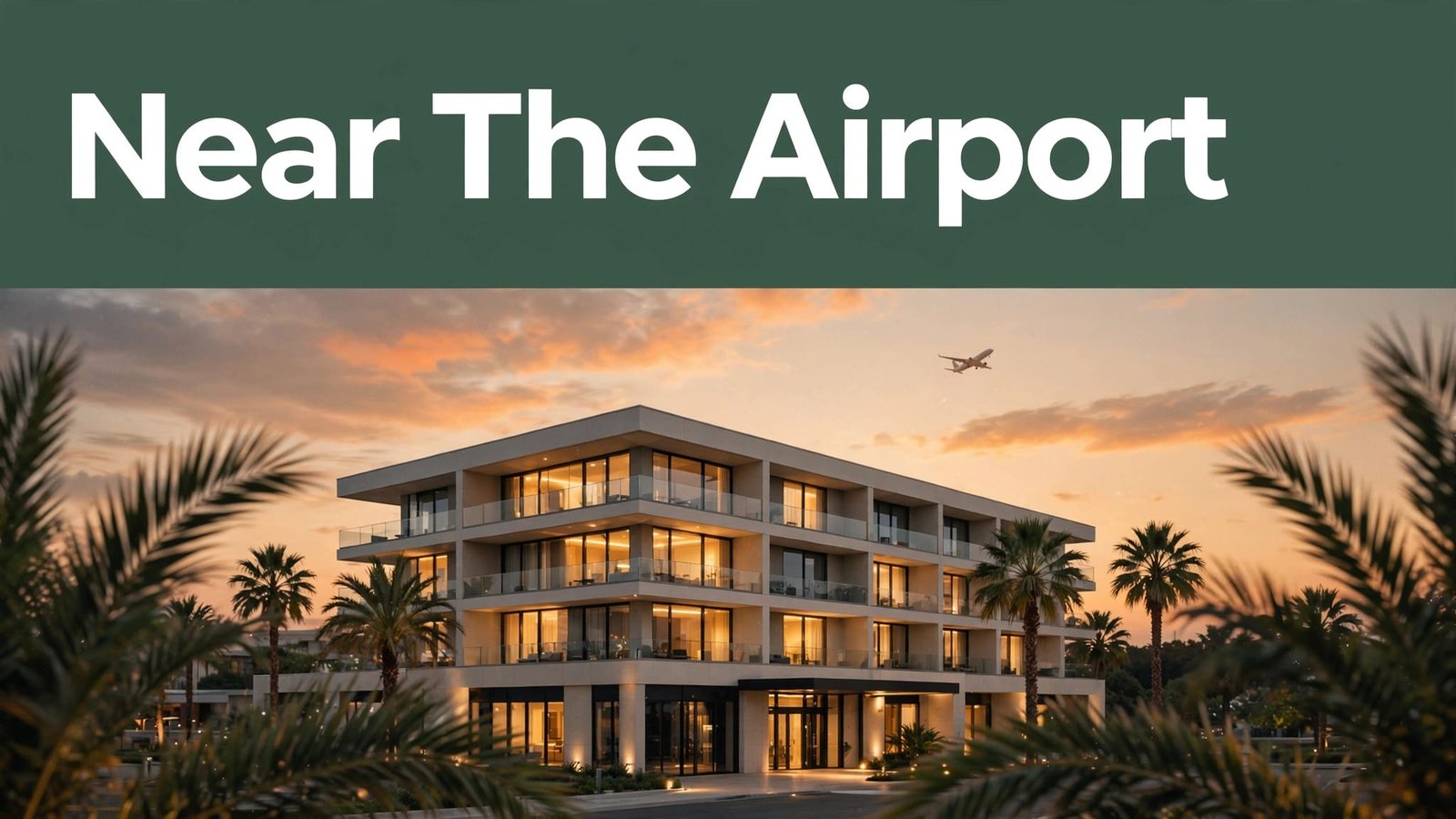A modern hotel with lit windows, palm trees, and an airplane at dusk.