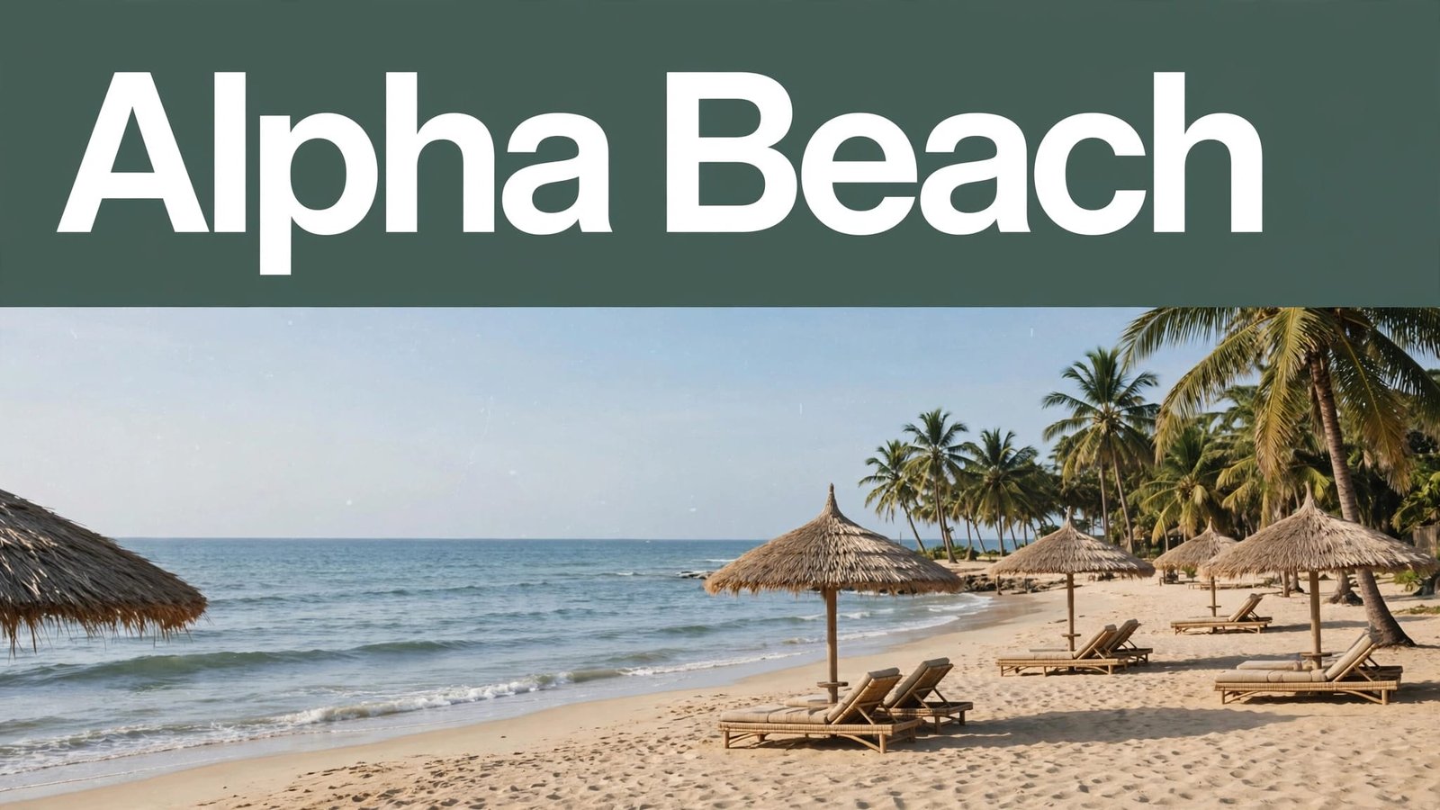 A green headline banner sits above a sunny beach with umbrellas and palm trees.