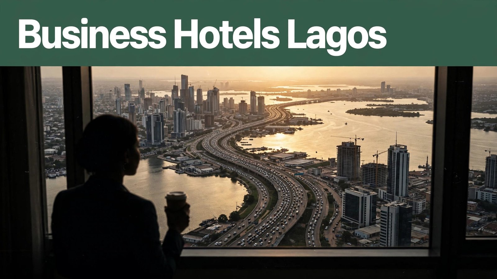 A traveler looks over Lagos towers, lagoon, and heavy highway traffic from a hotel window.