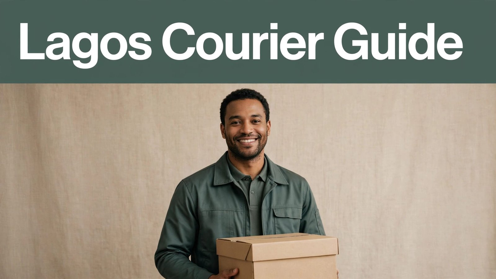 A smiling courier holds a parcel beneath a green Lagos Courier Guide headline.