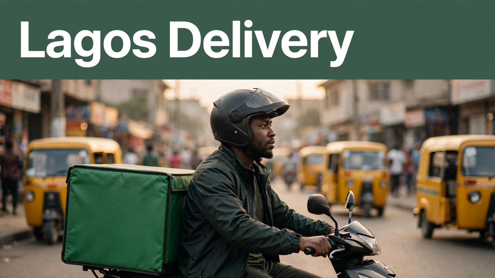 A helmeted rider on a delivery motorbike on a Lagos street beneath a headline banner.