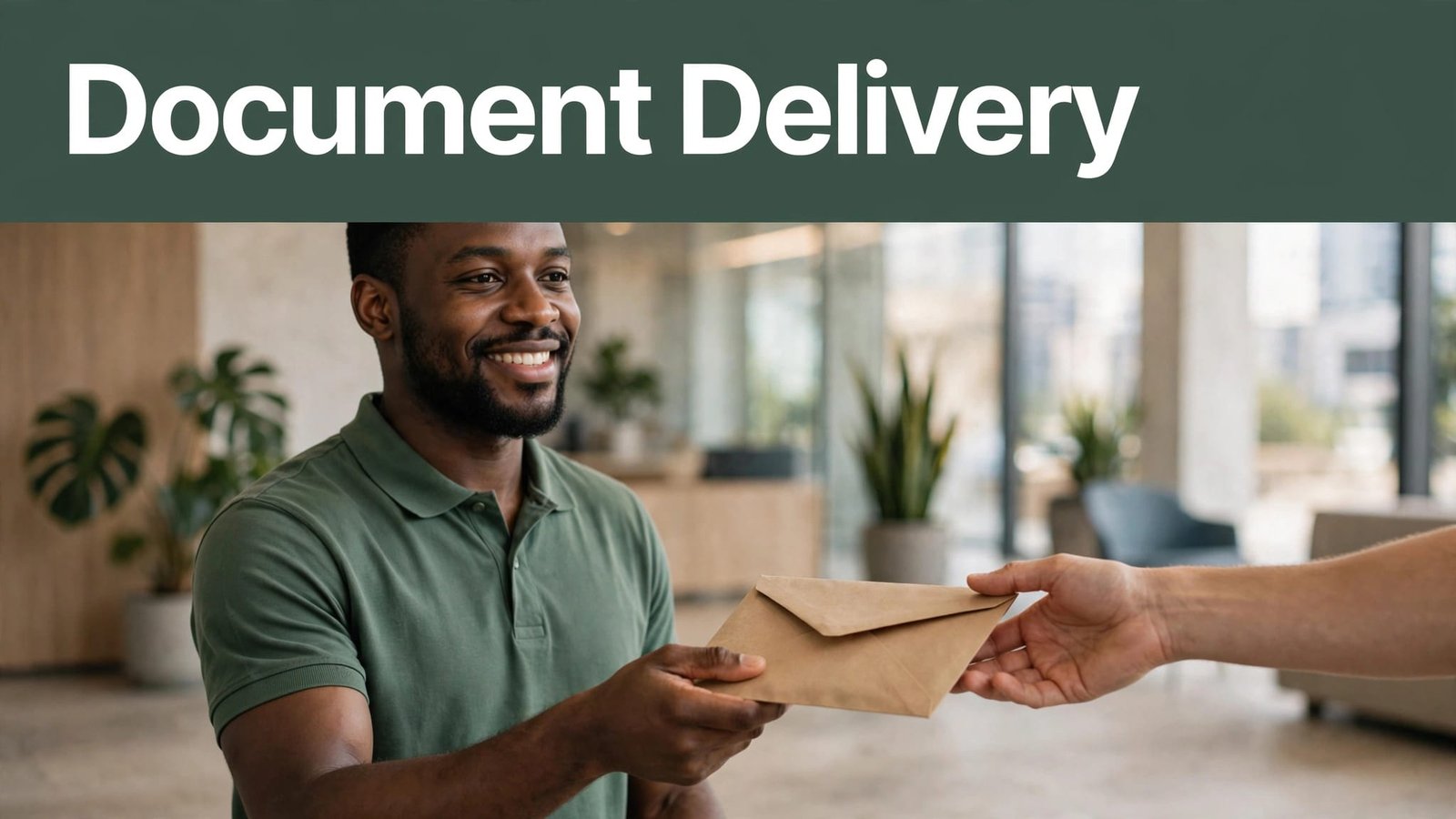 A courier in a green polo hands over a sealed envelope in an office lobby.