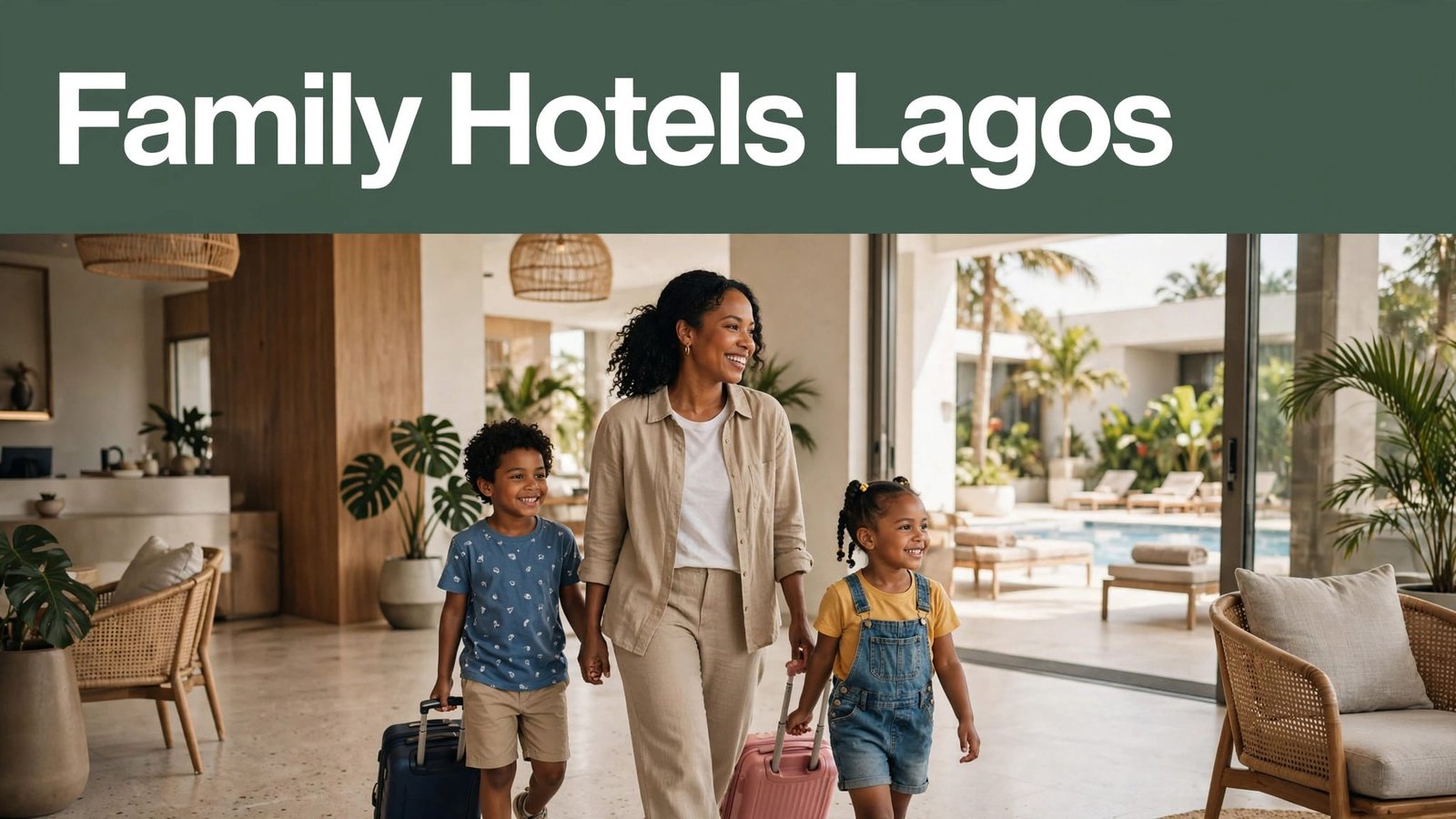 A mother and two children wheel suitcases through a Lagos hotel lobby near a pool.