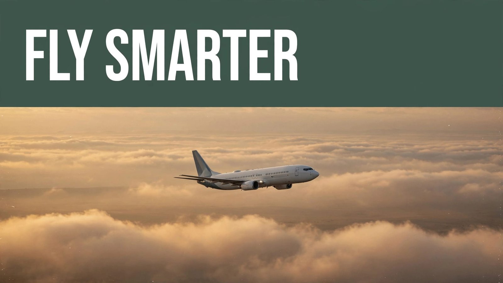 An airliner flies above golden clouds beneath a dark green FLY SMARTER headline.