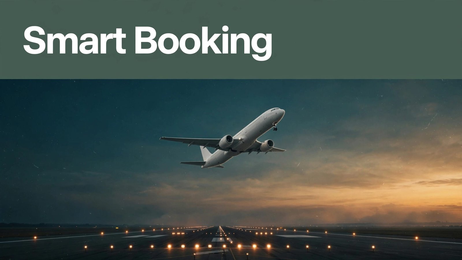 An airliner ascends above runway lights under a green “Smart Booking” banner.