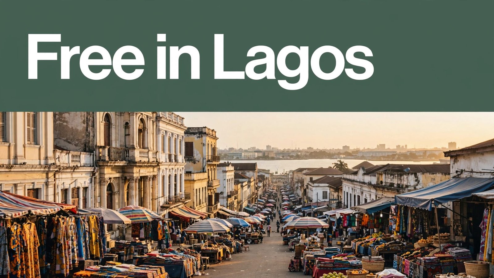 A colorful Lagos market street beneath a “Free in Lagos” headline.