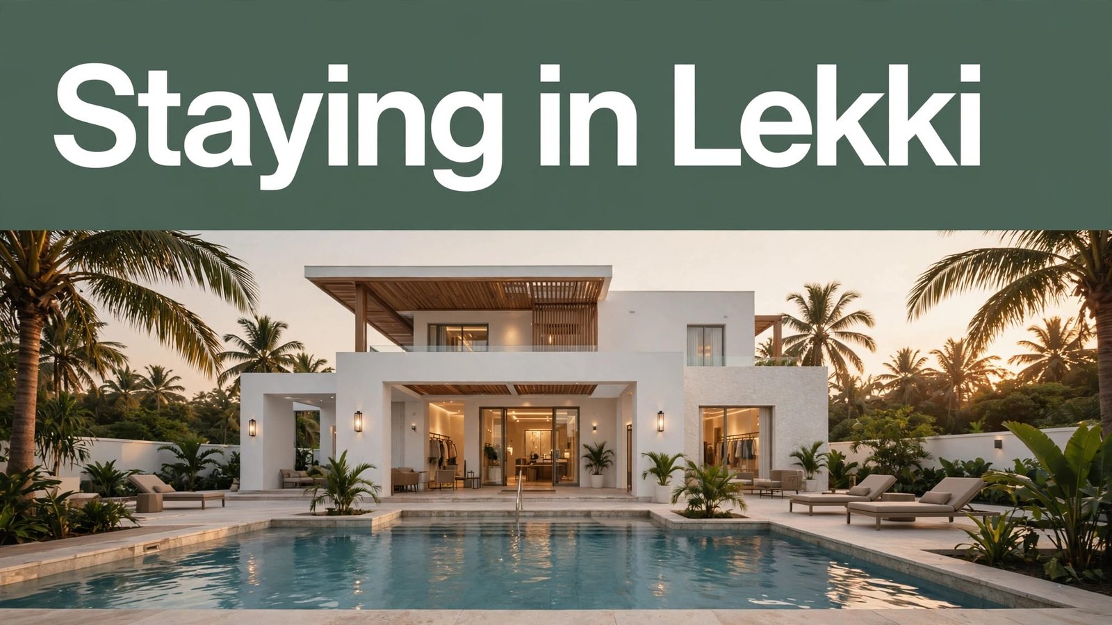 A white hotel and pool beneath palm trees, with โStaying in Lekkiโ across the top.