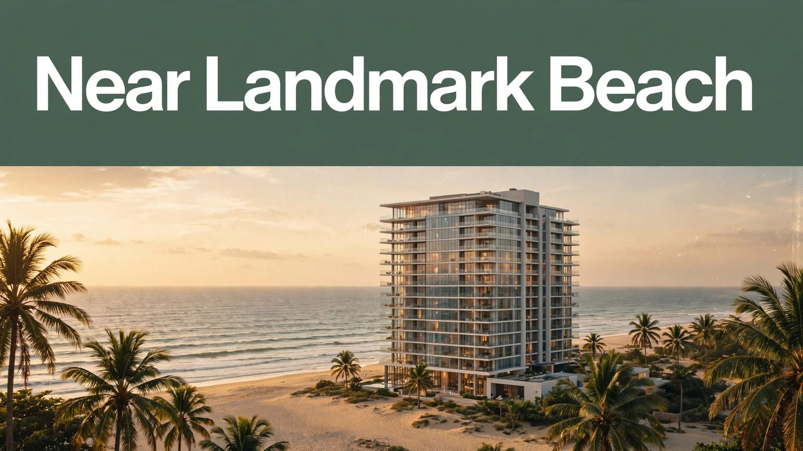 A Lagos hotel above a palm-lined beach at sunset, with a “Near Landmark Beach” headline.