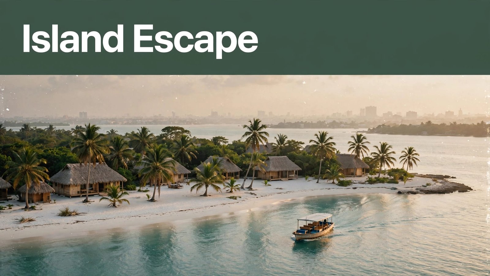 A boat approaches a palm-lined island beach beneath a hazy skyline.