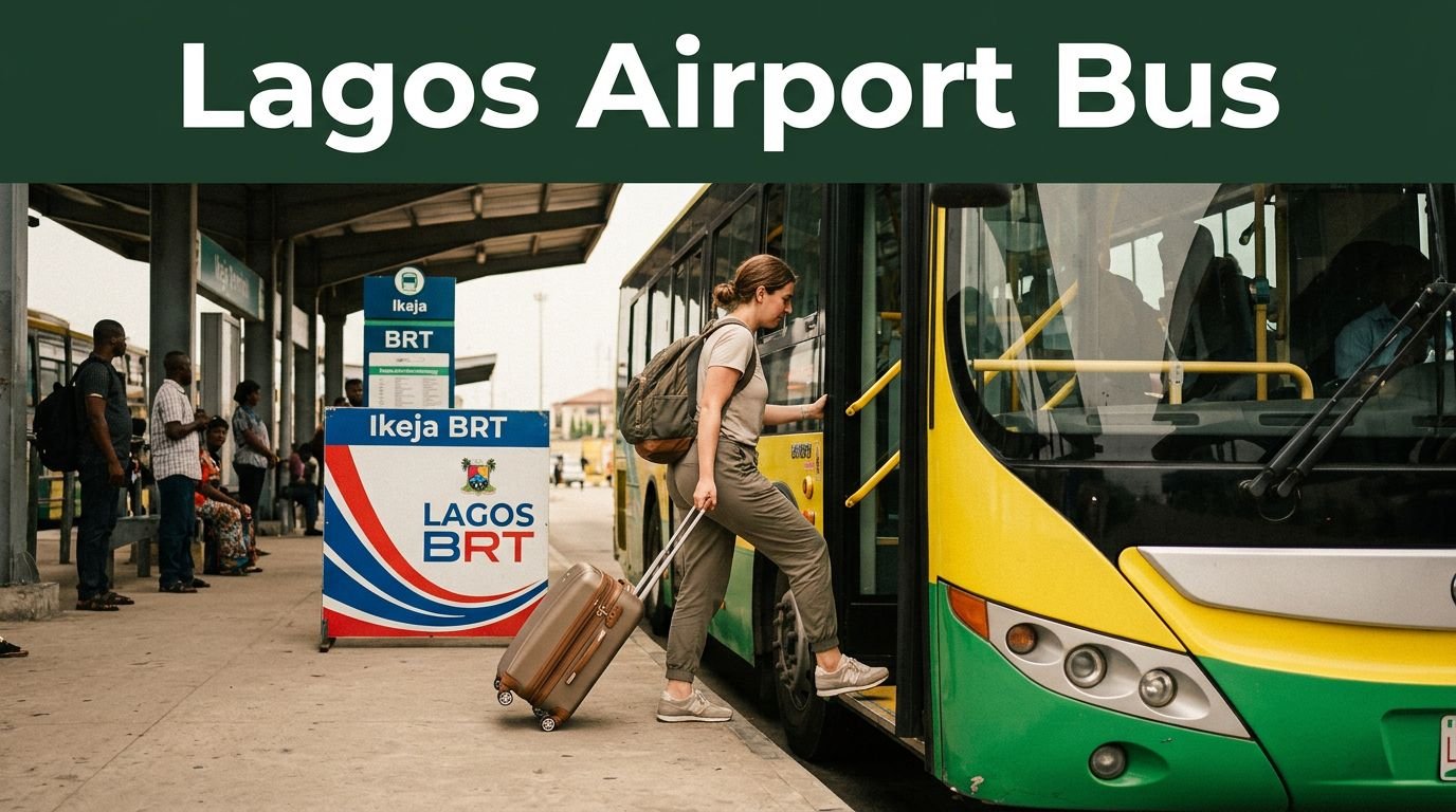 Traveler boarding a yellow-and-green Lagos bus with luggage.