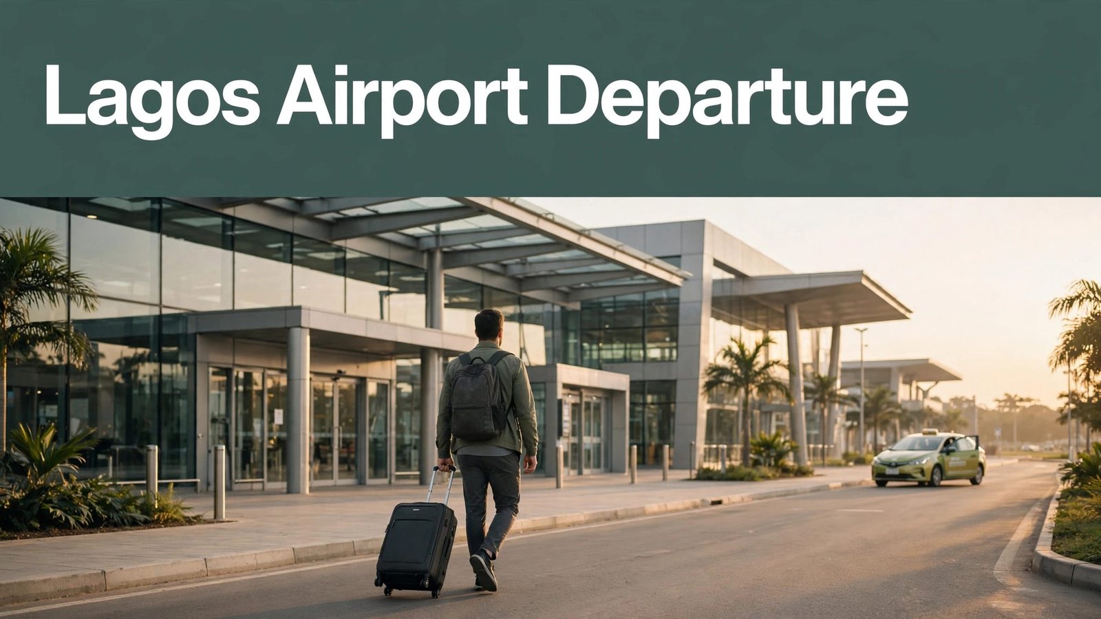 Traveler with a suitcase approaches Lagos airport as a car waits nearby.