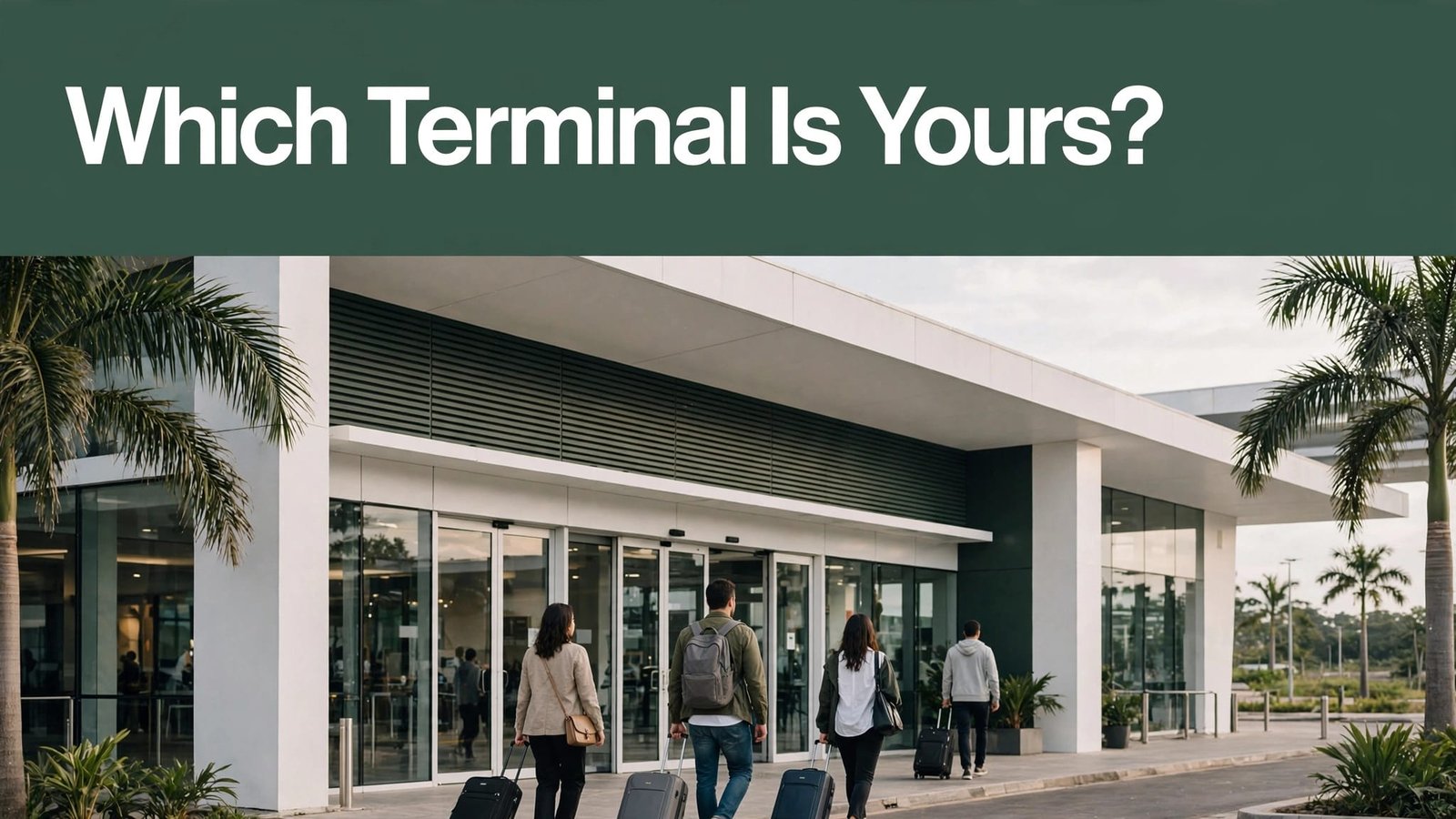 Travelers with rolling luggage approach a glass airport entrance.