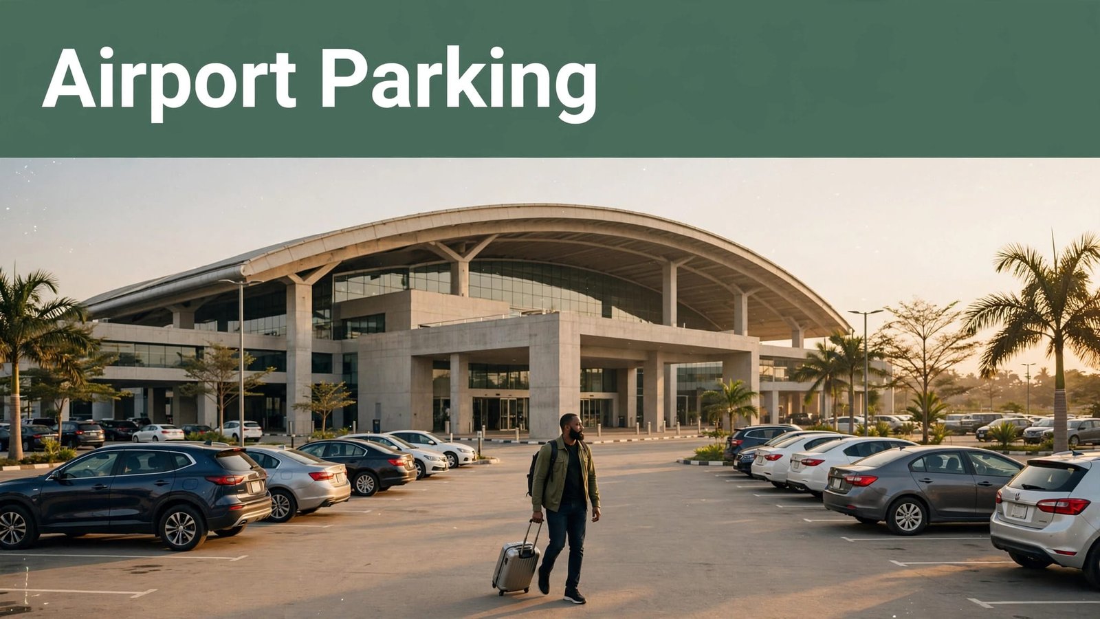 A traveler with a suitcase approaches Lagos airport past parked cars.