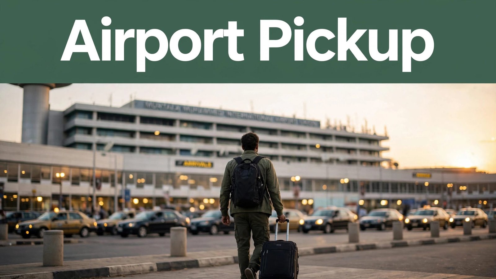 Traveler with luggage walking toward the airport arrivals curb at dusk.