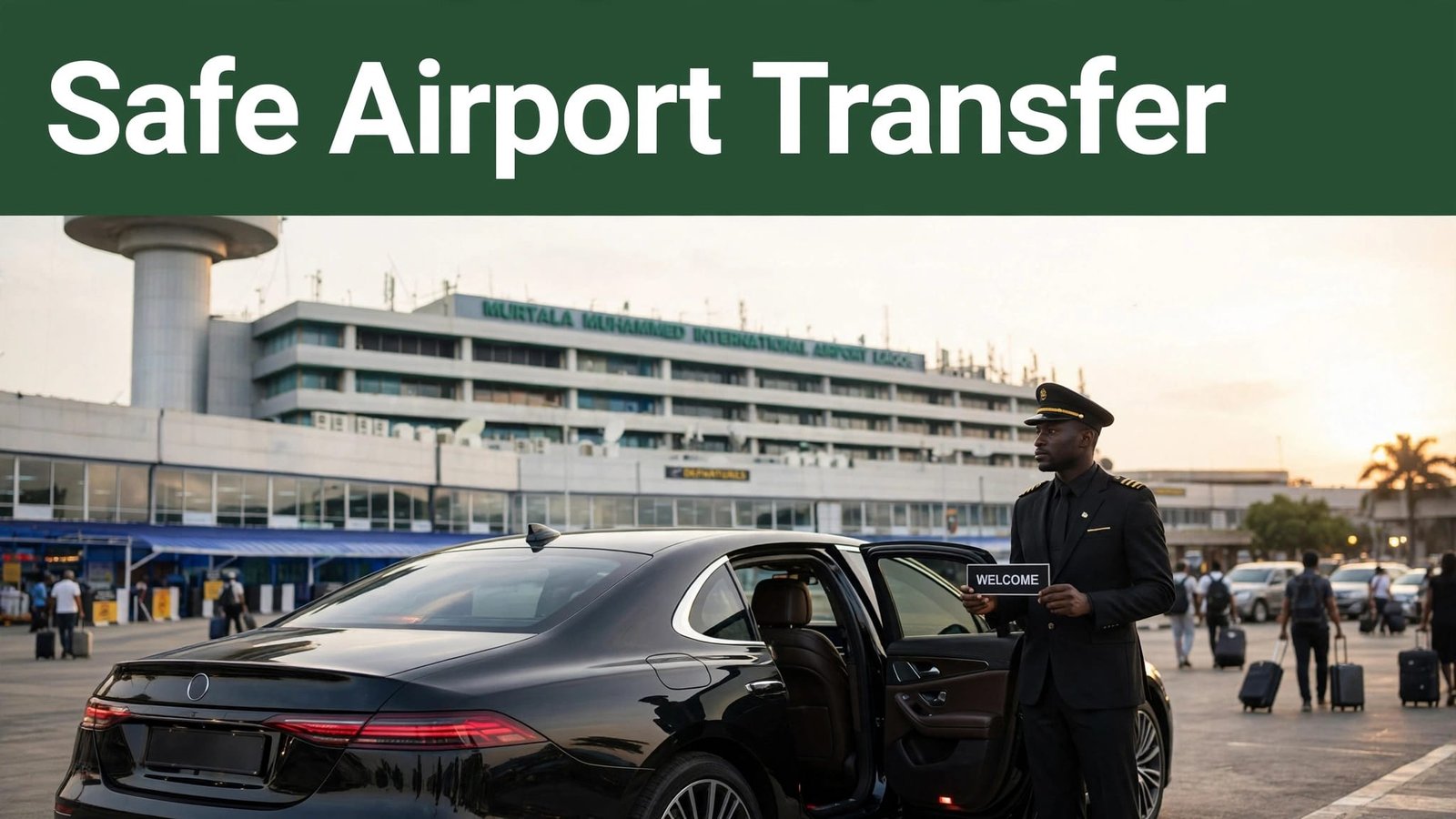 A chauffeur stands beside a black sedan outside Lagos airport with a name sign.