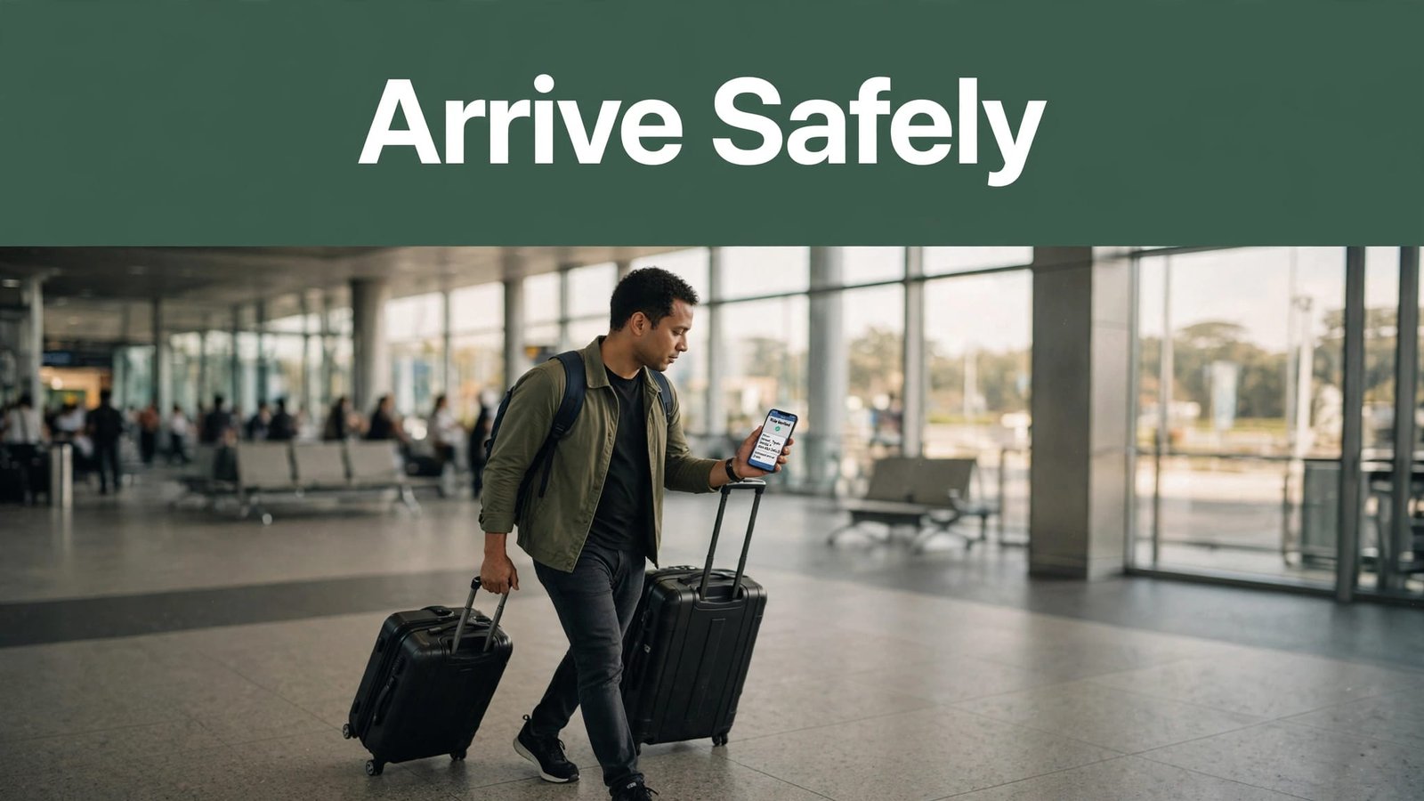 A traveler checks a ride-verification screen while pulling two suitcases through an airport arrivals hall.