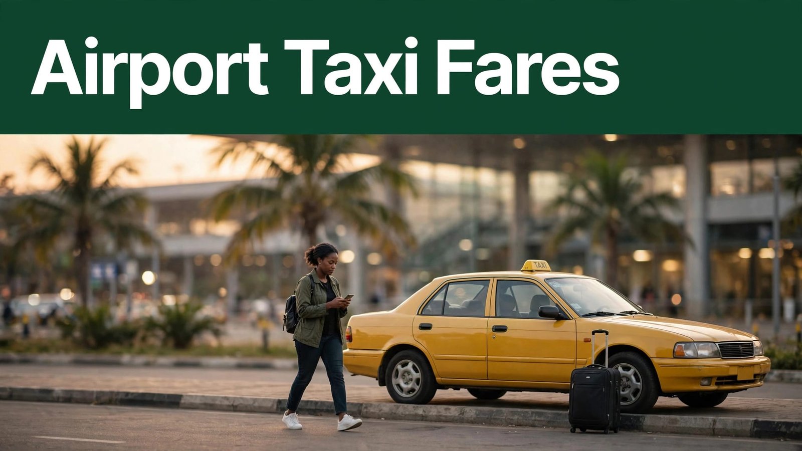 A woman with a suitcase approaches a yellow taxi outside Lagos airport.