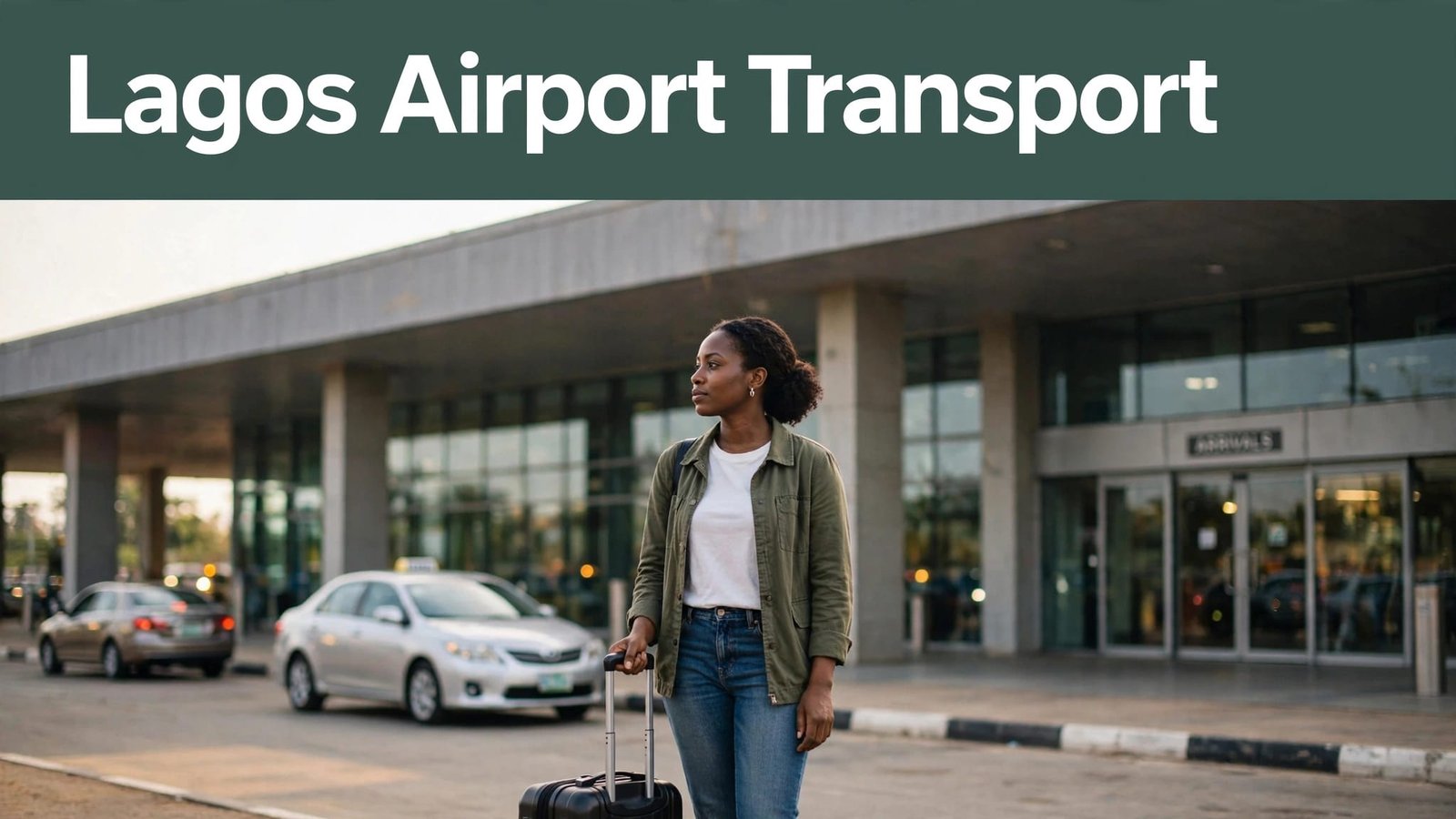 Traveler with a suitcase outside Lagos airport beside a waiting sedan taxi.