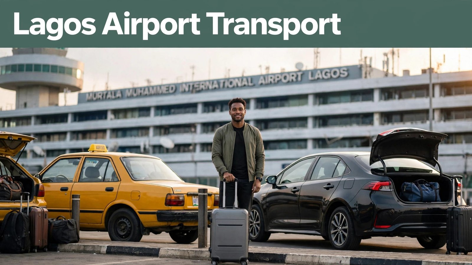 Traveler with luggage between a yellow taxi and ride-hailing car at Lagos airport.