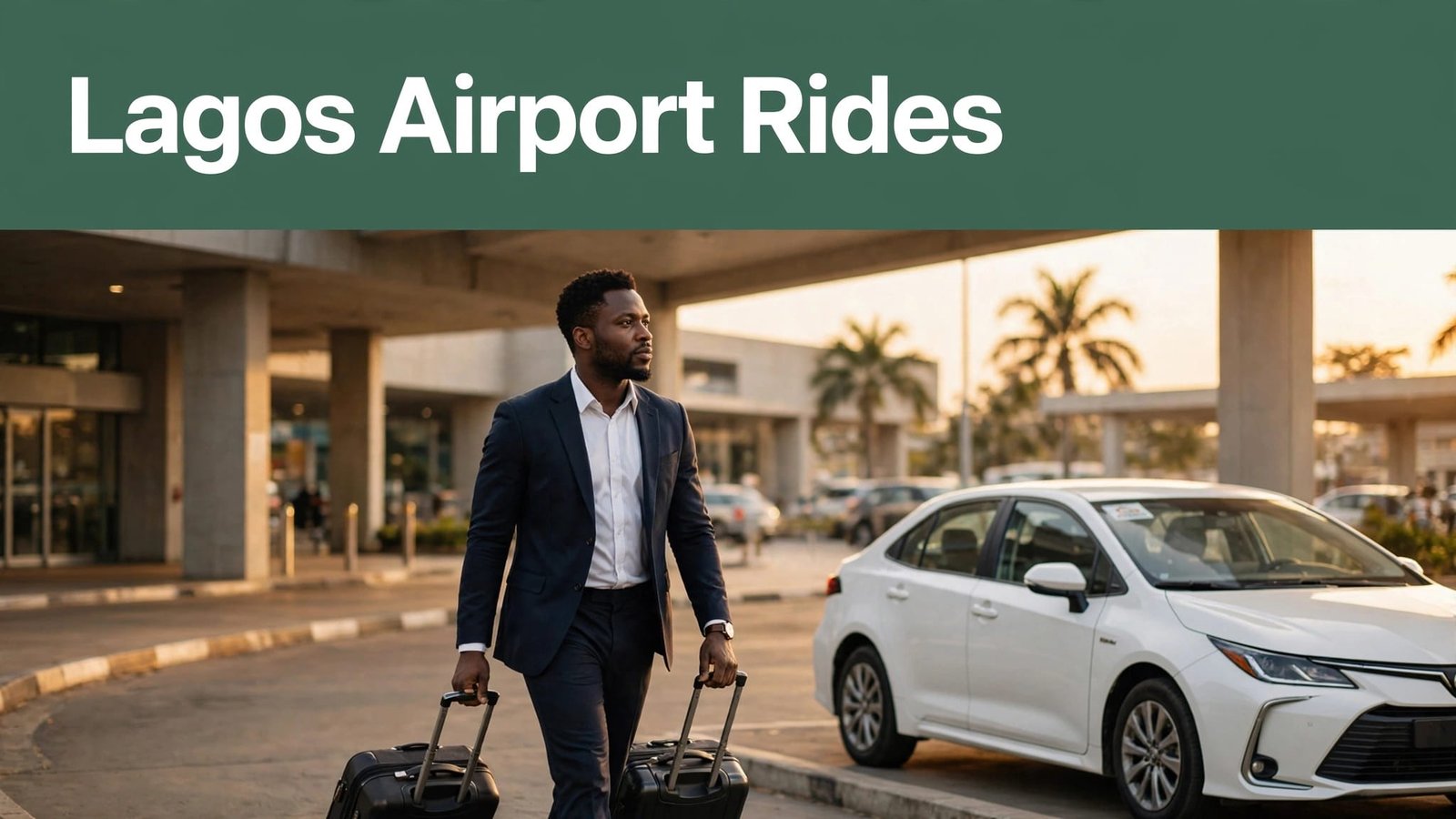 Businessman with two suitcases approaches a car outside Lagos airport at sunset.