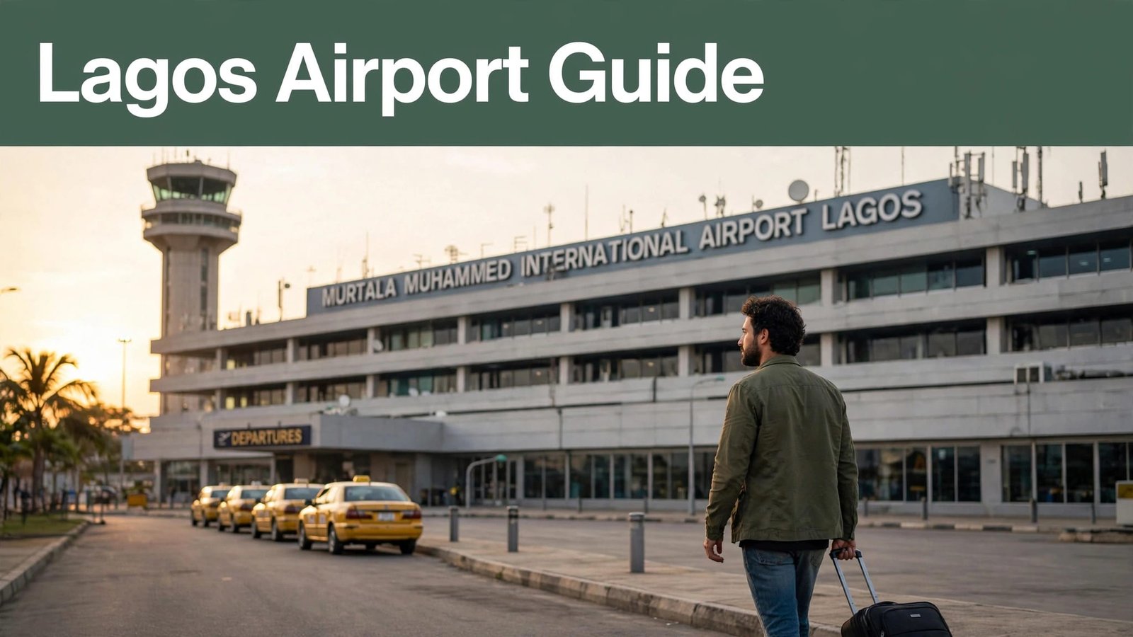 Traveler with a suitcase facing Lagos airport as taxis wait outside.