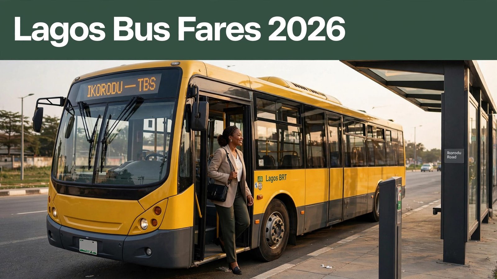 A woman boards a yellow Lagos BRT bus at a modern roadside stop.