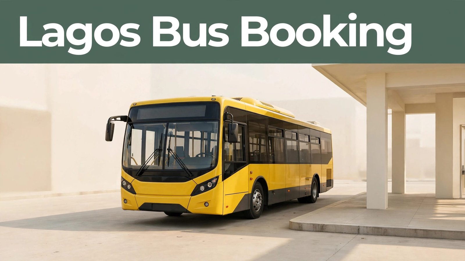 Yellow Lagos BRT bus at a clean terminal stop beneath a green headline band.