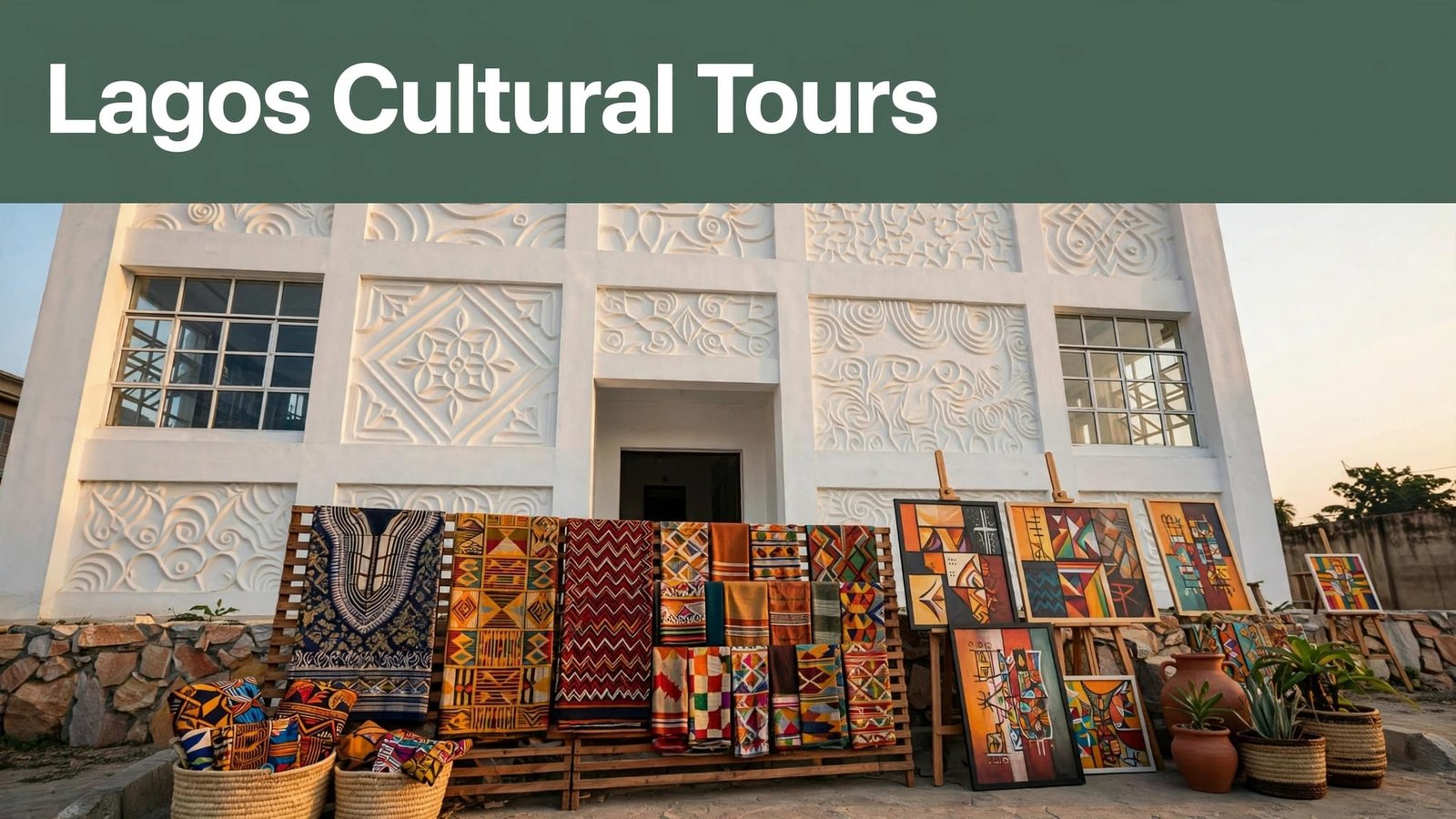 A Lagos gallery exterior displays colorful paintings and textiles beneath a cultural tours headline.