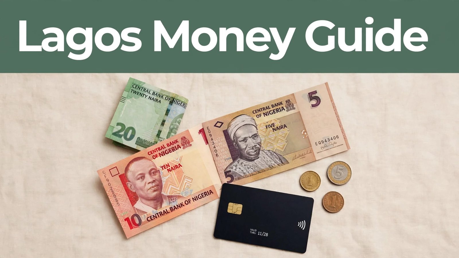 Naira notes, coins, and a debit card beneath a Lagos Money Guide headline.