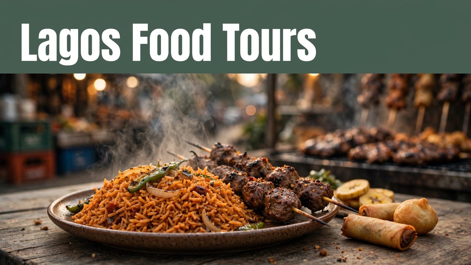 Jollof rice, suya skewers, and small chops beneath a Lagos Food Tours banner.