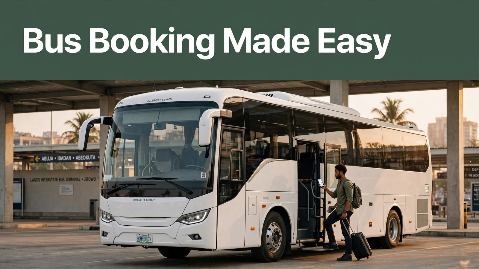 Traveler boarding a white bus at a Lagos terminal with a suitcase and phone ticket.