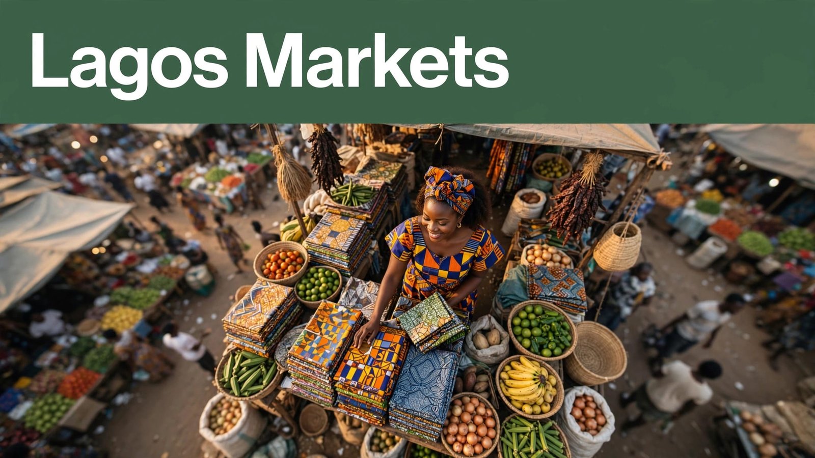 A woman examines colorful fabrics beneath a Lagos Markets banner.