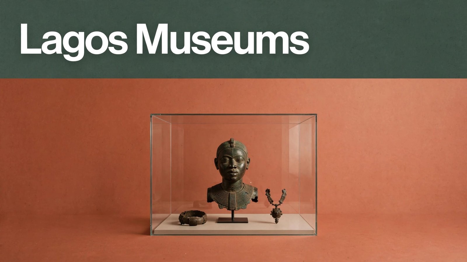 White Lagos Museums lettering above bronze artifacts in a glass case.