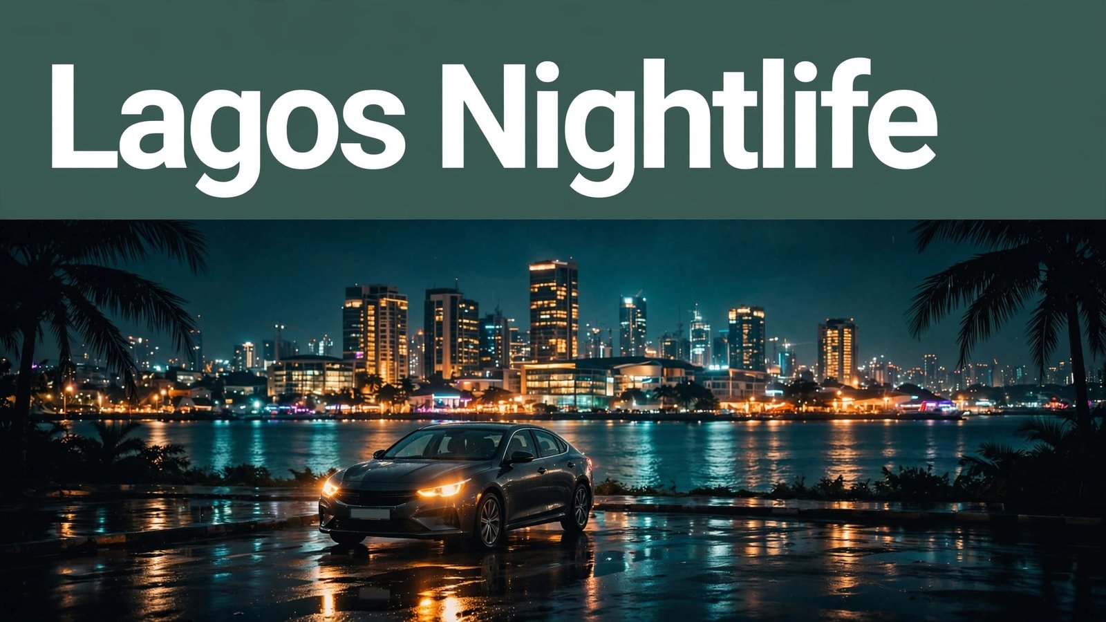 Lagos lights shimmer across the water as a car approaches on a wet street.