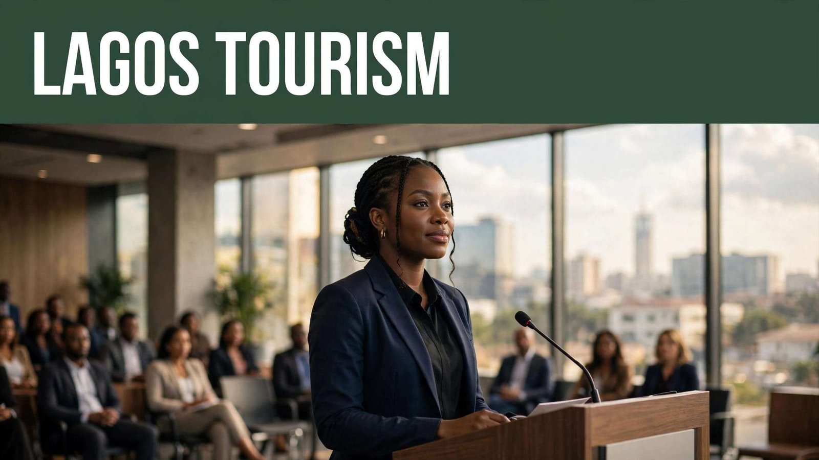 A woman speaks at a podium before seated attendees beneath a Lagos Tourism banner.