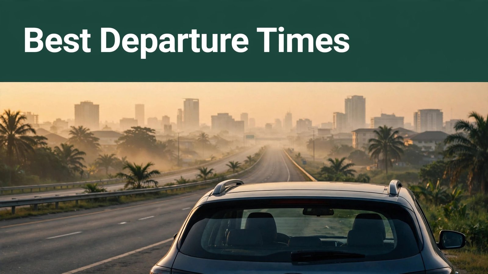 A family car faces a quiet Lagos expressway beneath a sunrise banner.