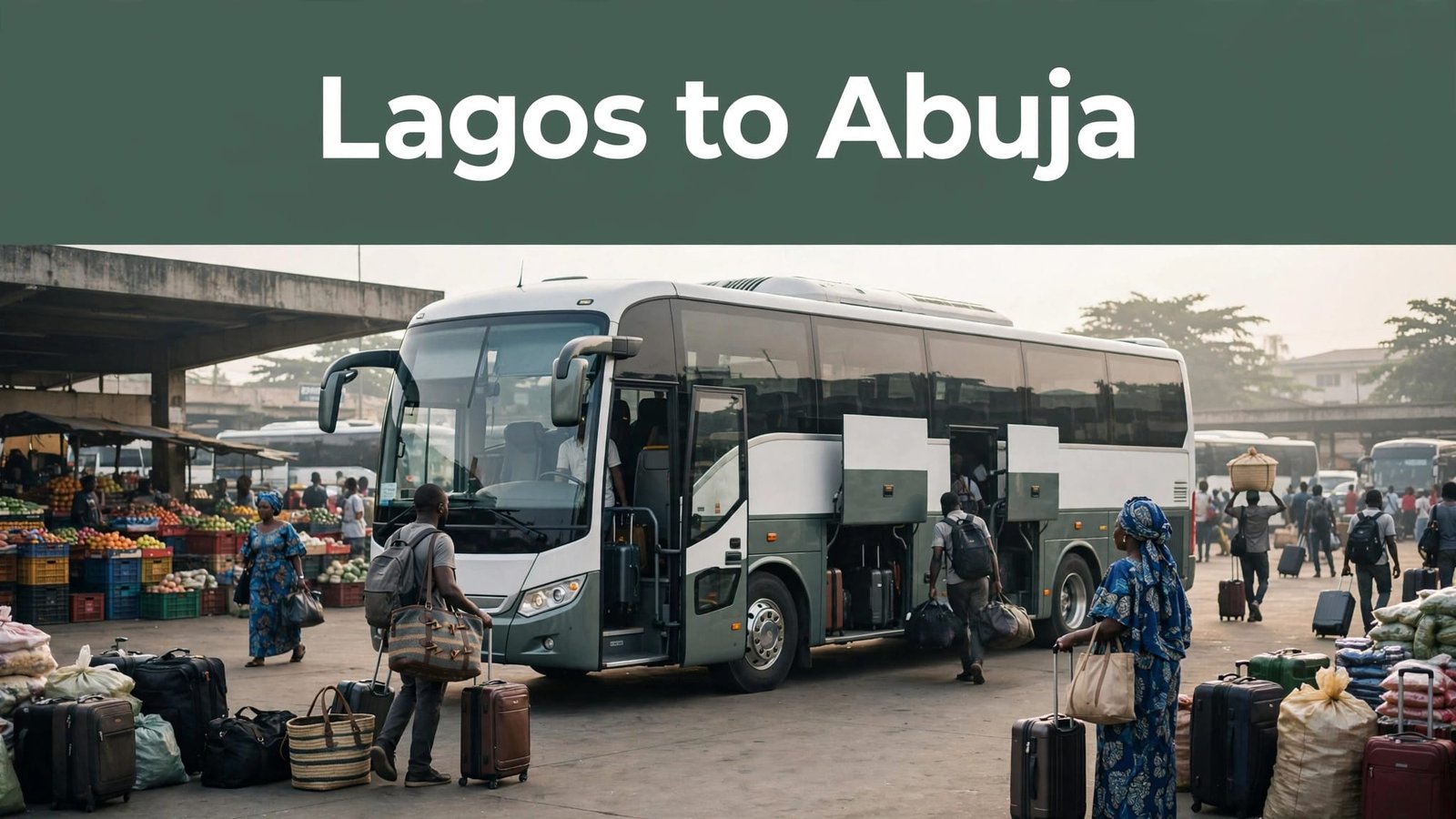 Green and white coach bus at a Nigerian terminal with passengers boarding.
