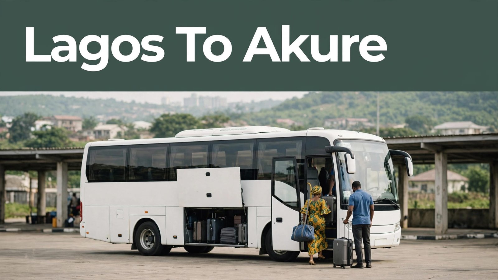 White coach bus with travelers boarding at a sunny Nigerian terminal.