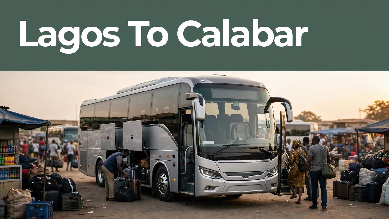 A luxury coach bus boarding passengers at a busy Nigerian motor park.
