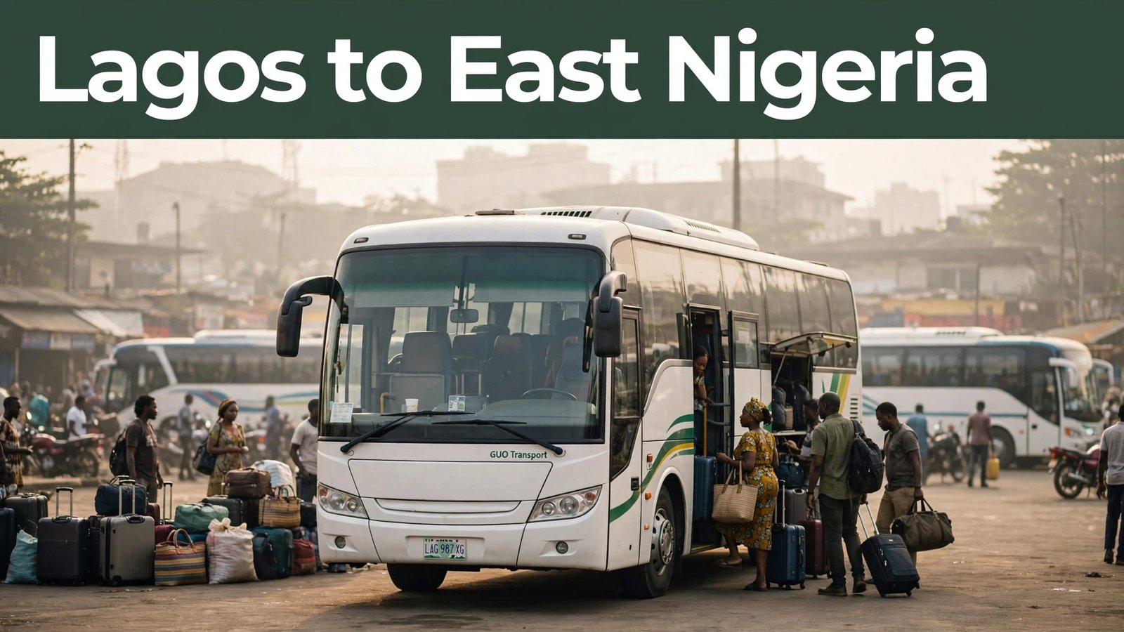 A coach bus waits as travelers board at a busy Lagos motor park.