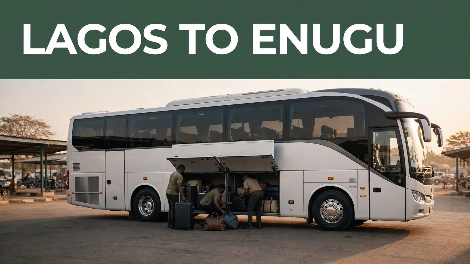 A luxury bus waits at a Nigerian terminal while luggage is loaded.
