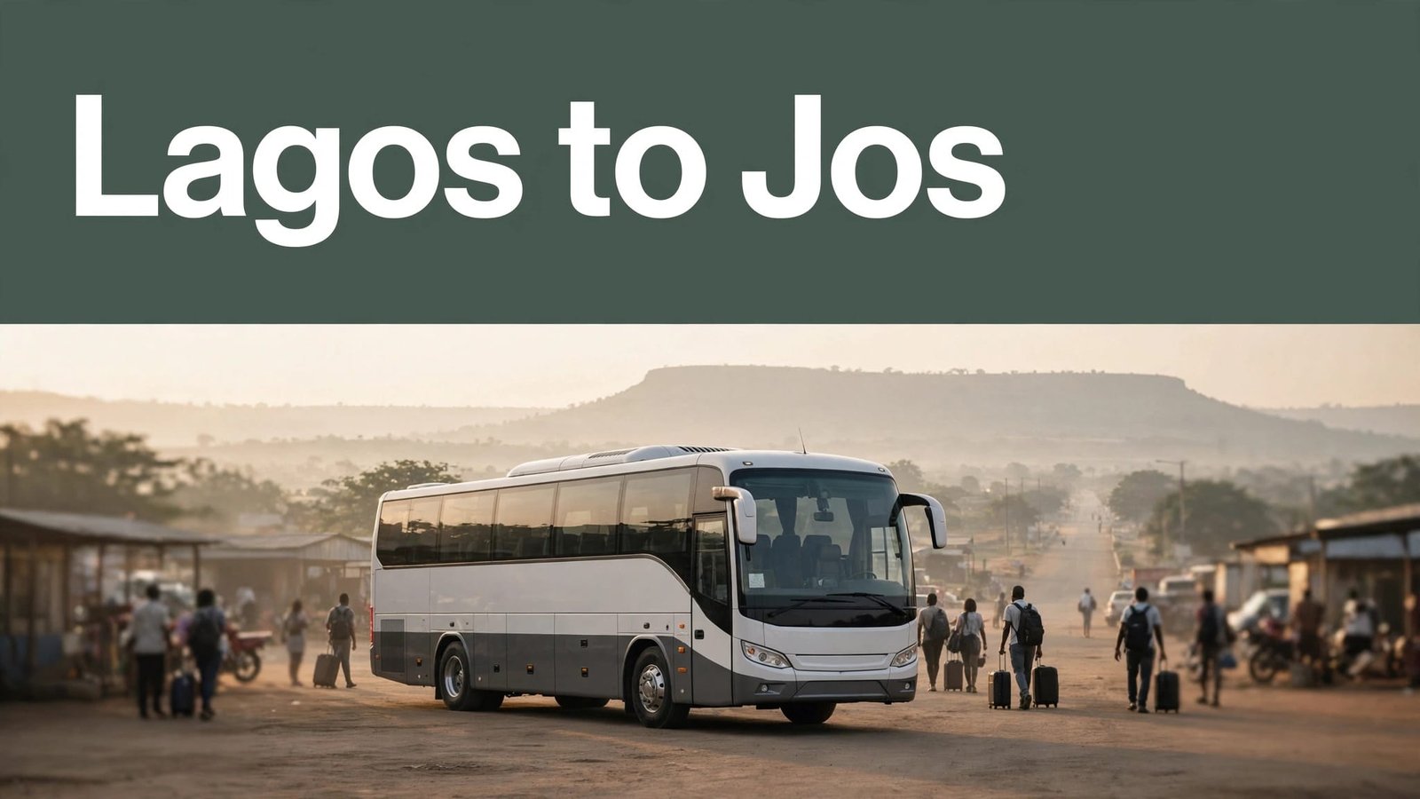 A coach bus waits at a Nigerian motor park with plateau hills in the distance.