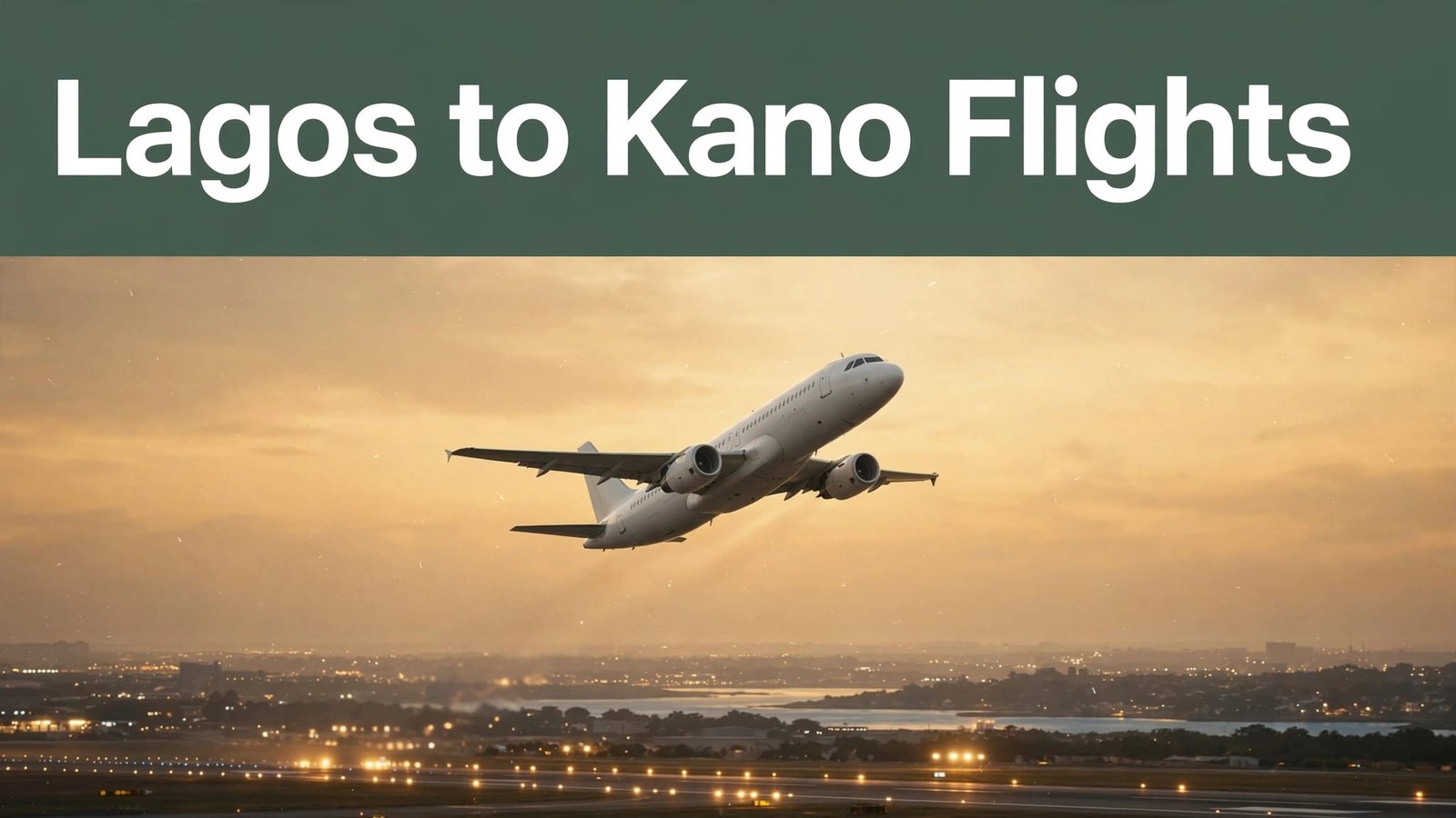 White passenger jet ascending above Lagos beneath a dark-green Lagos to Kano Flights banner.