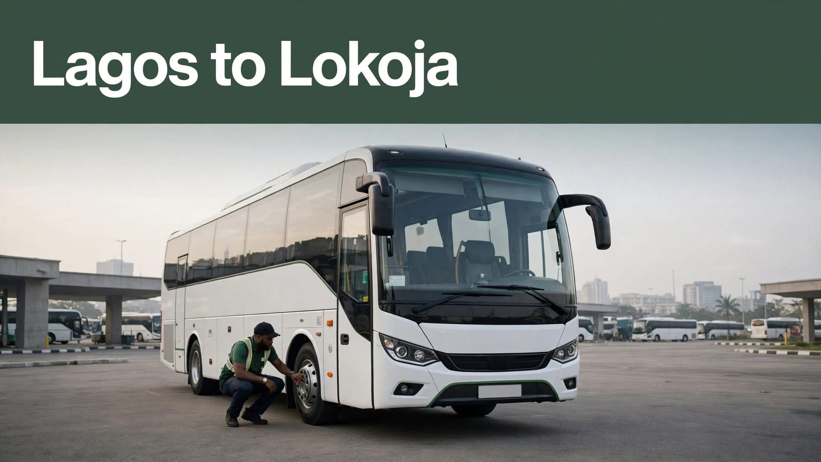 A modern coach bus at a clean Nigerian terminal with the driver nearby.