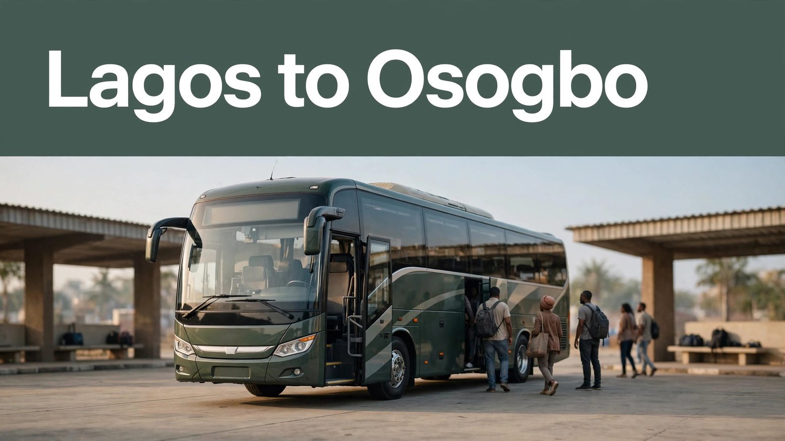 A coach bus waits as passengers board at a Nigerian terminal.