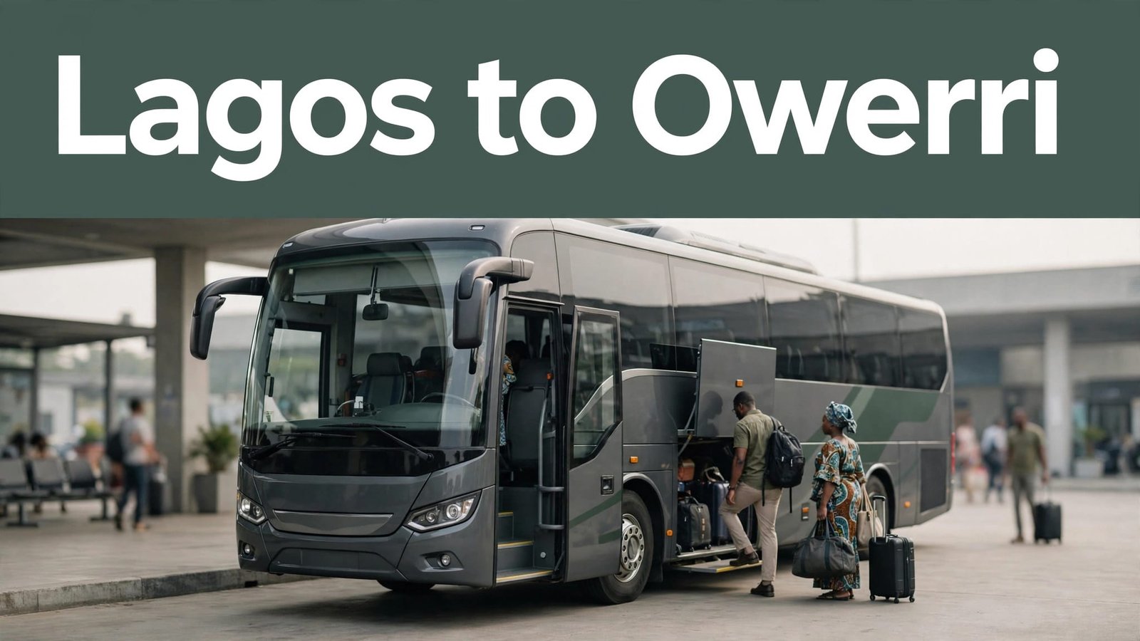 Modern coach at a Nigerian terminal with passengers boarding.