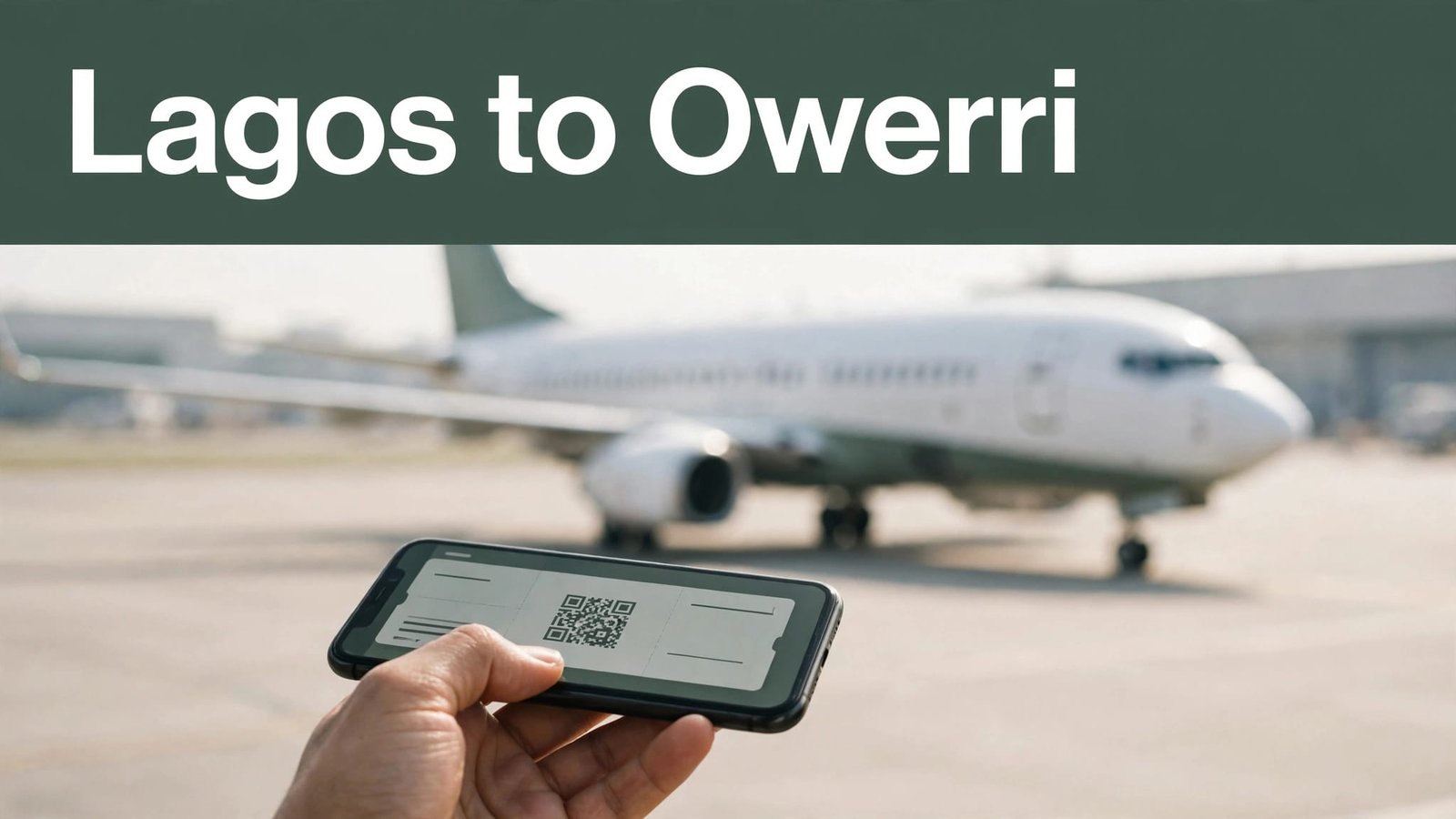 Airliner on a sunny tarmac with a hand holding a smartphone boarding pass.